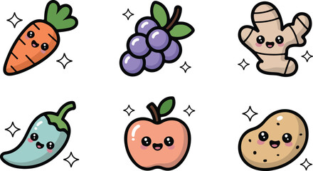 Fototapeta premium Cute Fruit and Vegetable Character Icon Set