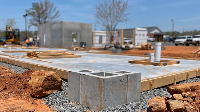 Commercial Building Under Construction with Concrete Foundation and Framing in Progress