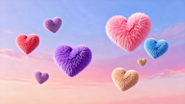 Colorful fluffy hearts in sky