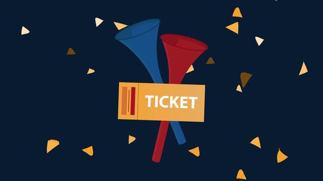 Festive animation of two horns and ticket with falling confetti celebration and winning concept.