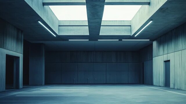 Spacious concrete parking garage interior with brutalist geometry, minimalist industrial design, skylights and fluorescent fixtures casting clean, ambient light across empty space