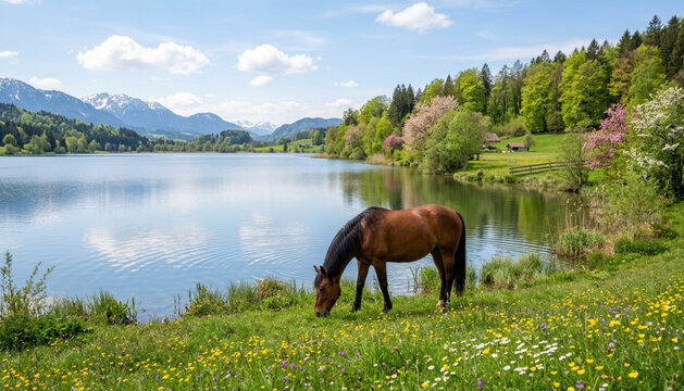 Shot of a beautiful spring view and a brown horse pasturing at a lake
wirestock