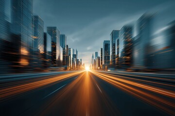 Obraz premium Blurry motion of city street lights and skyscrapers at dusk, symbolizing urban speed and technology