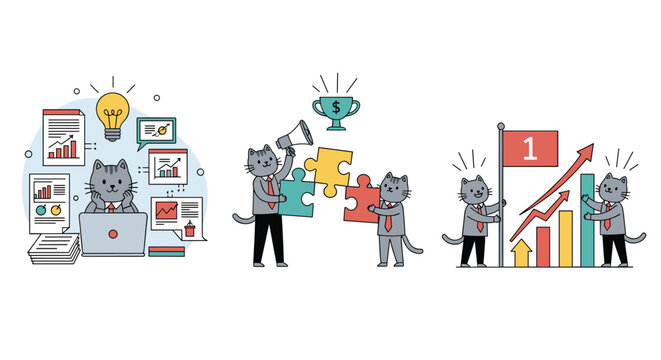 Business cat characters working on tasks including data analysis, solving puzzles as a team, and celebrating financial success.