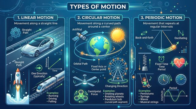 Infographic Illustrating Types of Motion Linear Circular and Periodic.