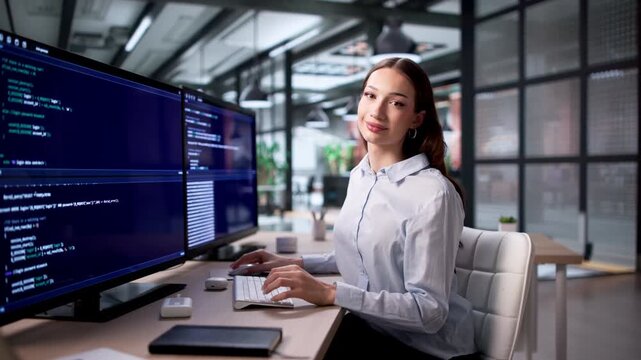 Happy Woman Coder Writing Software Code