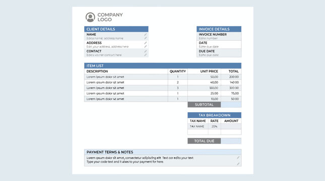 Professional Business Invoice Template with Modern Blue Header and Itemized Service Billing for Corporate Accounting