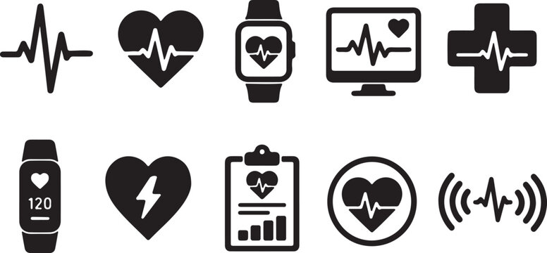 Medical, healthcare icons, heart rate, ECG symbols, cardiology, wellness graphics