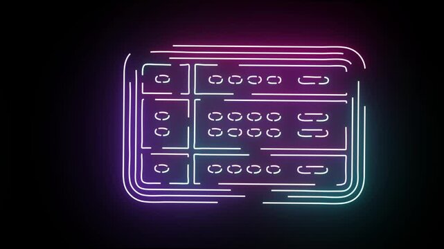 Neon digital server rack interface animation, futuristic data center network technology