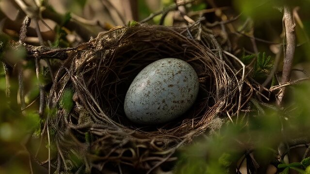 Single cuckoo egg lying in a nest belonging to a smaller bird.