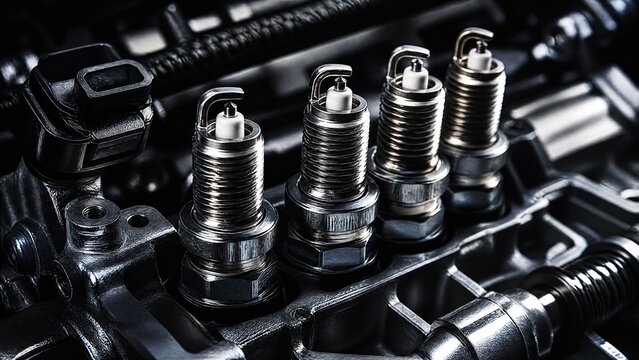 Gleaming spark plug electrodes in a dark engine bay.