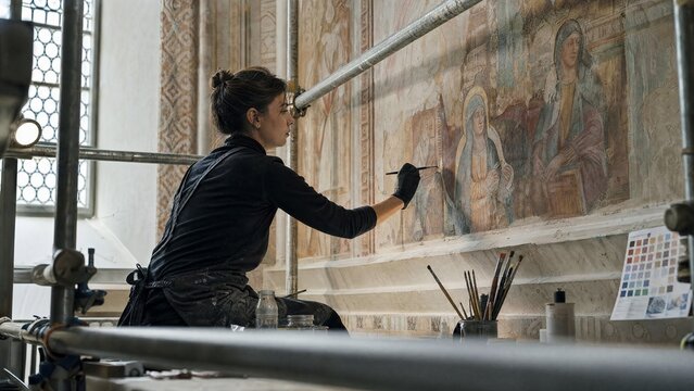 Art restorer carefully repainting historical fresco on scaffolding with soft light.