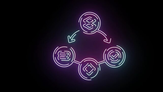 Neon digital workflow process diagram, animated tech infographic loop, software development cycle, business automation concept, glowing ui on black background