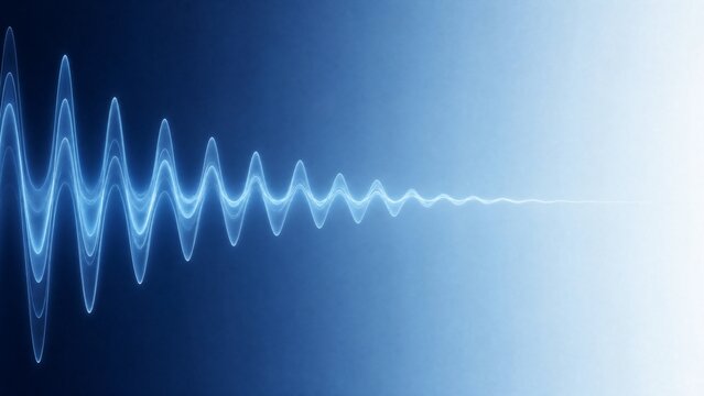 Abstract sound waves fading in amplitude, dark to light blue gradient, minimalist design.