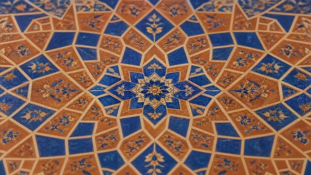 Symmetrical Persian geometric patterns in terracotta and lapis lazuli.