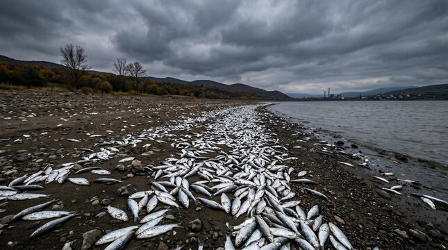 Massive Fish Kill on a Polluted Lake Shore Near an Industrial Power Plant