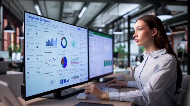 Compliance Officer Reviews Risk Dashboard Using Software