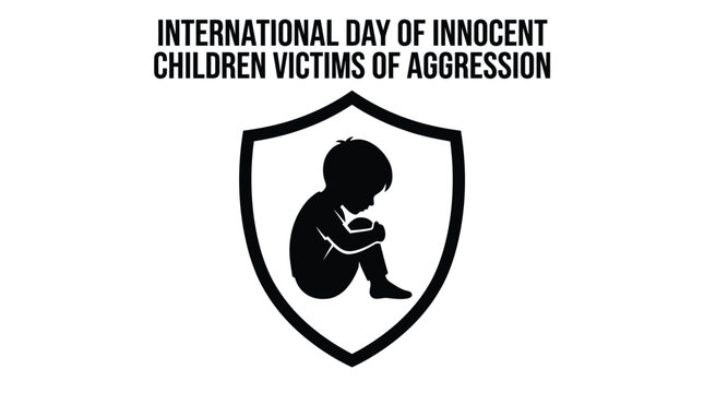 Symbolic illustration representing international day of innocent children victims of aggression with a protective shield icon