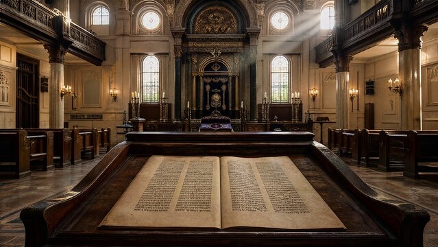 Empty synagogue interior with wooden lectern and ancient scripture, soft window light.