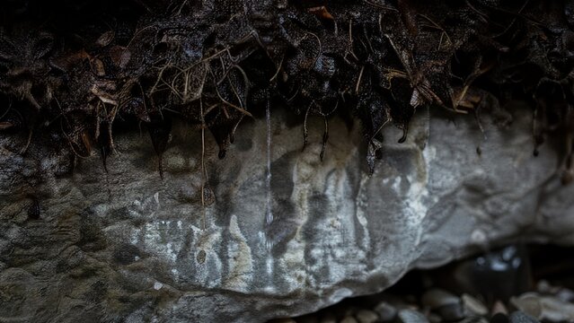 Rainwater seeping through dark soil, leaving pale streaks on a grey rock surface.