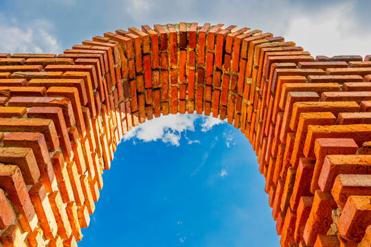 Low-angle partial view of an arch of the Basilica of the Holy Mother of God Eleusa in Old Town Nessebar, Burgas Province, Bulgarian Black Sea Coast