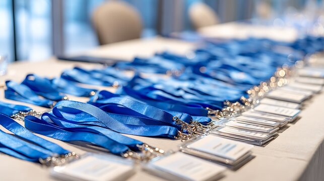 Row of blue conference lanyards with ID badges on a table