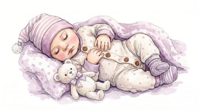 Cute sleeping baby in pajamas and nightcap with teddy bear, soft watercolor illustration for newborn nursery art