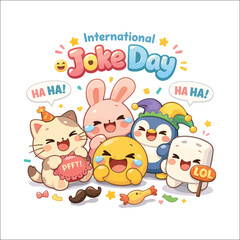 Fototapeta premium International joke day with cute cartoon animals and emoji laughing out loud.