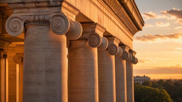 A neoclassical colonnade illuminated by sunset, capturing timeless architectural elegance.