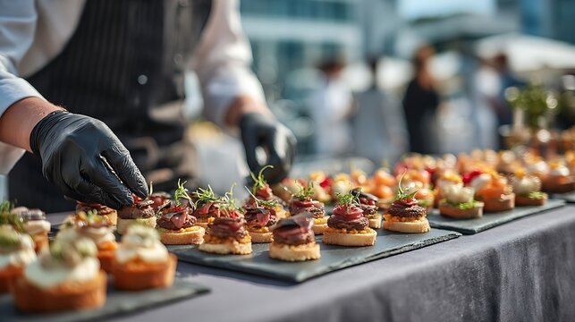 Professional catering staff arranging gourmet canapes with black gloves at an elegant outdoor event