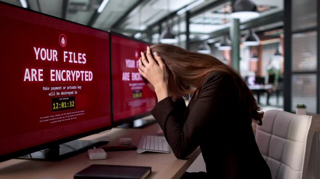 Young Woman Uses Computer, Worried About Ransomware Attack