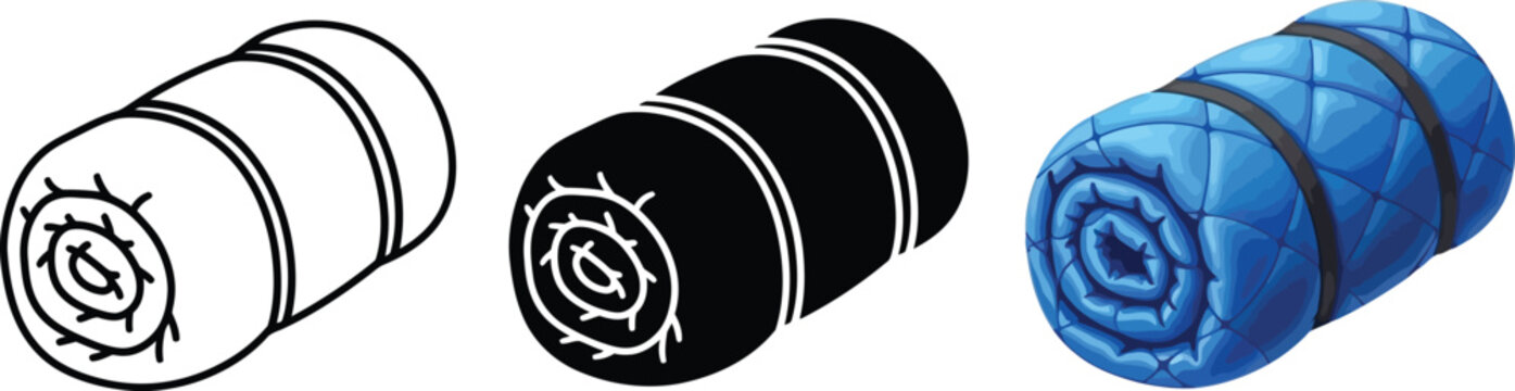 Three rolled sleeping bag icons featuring line art solid black and detailed blue isometric styles ideal for camping hiking and outdoor adventure designs