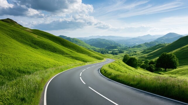 Scenic winding road through lush green rolling hills