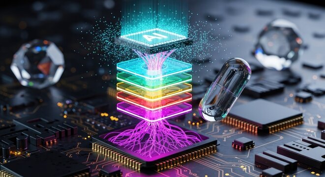 A futuristic 3D rendering of a stack of colorful glowing layers on a computer chip with circuit board and microchips