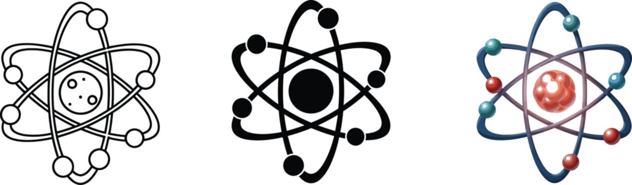 Versatile atom icon set showcasing outline solid and detailed vector illustrations ideal for science technology and educational applications