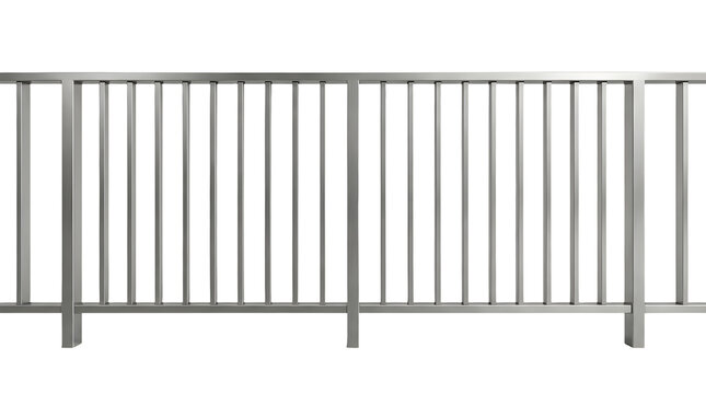 Modern stainless steel railing on white background, industrial metal fence section, silver aluminum balcony handrail for architectural design