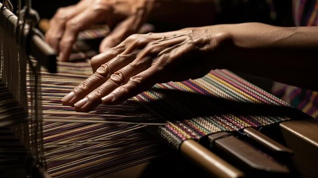 Close-up of Hands Weaving Traditional Textile on Loom.