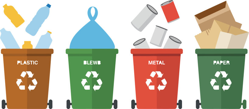 Recycling bins for plastic blech metal paper waste vector illustration.