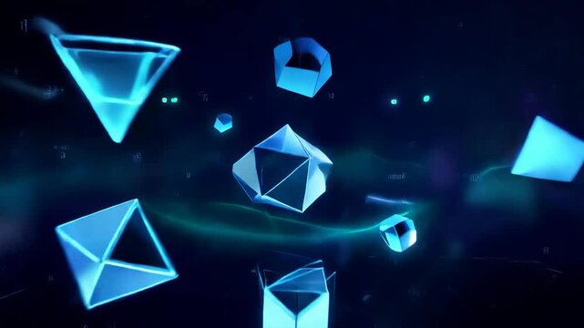 A glowing blue digital 3D human brain and rotating geometric crystal shapes floating in a dark high tech cyberspace data void