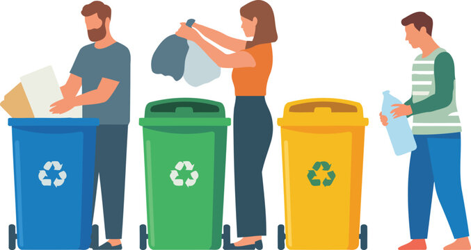 People sorting recyclables into bins with disposal vector illustration.