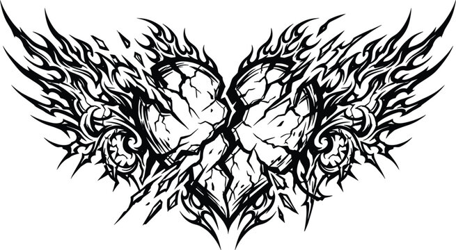 Gothic broken heart tattoo vector design featuring aggressive flames sharp thorns cracked texture and flaming wings illustration