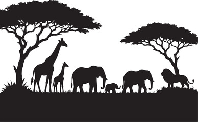 African savannah wildlife silhouettes, black animal icons, safari vector graphics, acacia tree landscape © Adobe