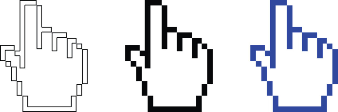 A set of three pixelated hand cursor icons in different colors on a white background