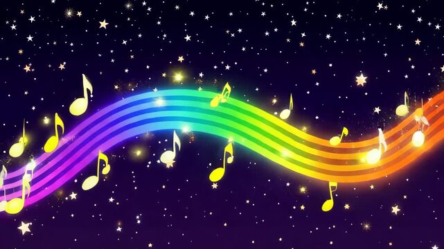 Abstract musical background with glowing colorful musical notes floating over a dark starry space sky and luminous light waves