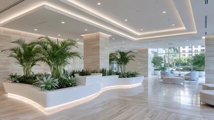 Fototapeta premium Modern Luxury Hotel Lobby with Lush Greenery and Contemporary Seating Areas
