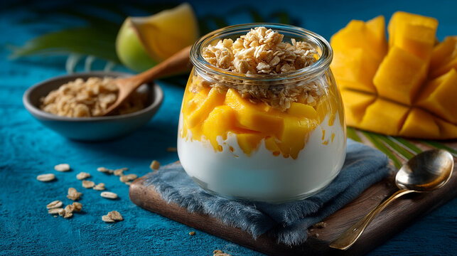 Layered mango and white yogurt breakfast parfait topped with crunchy granola in glass jar, breakfast