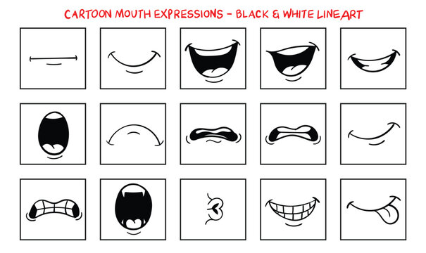 Cartoon mouth expressions set, vector collection of various mouth shapes and emotions for character animation isolated on white background