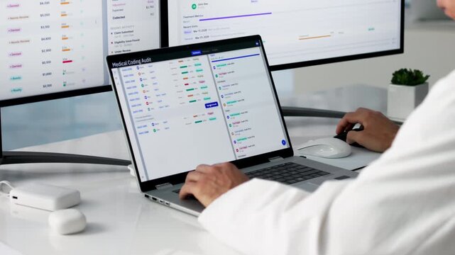 Medical Coder Carefully Reviewing Patient Data On Laptop