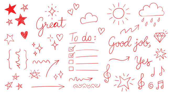 Hand drawn red doodle elements set isolated on white background sketchy stars, hearts, arrows, text and icons