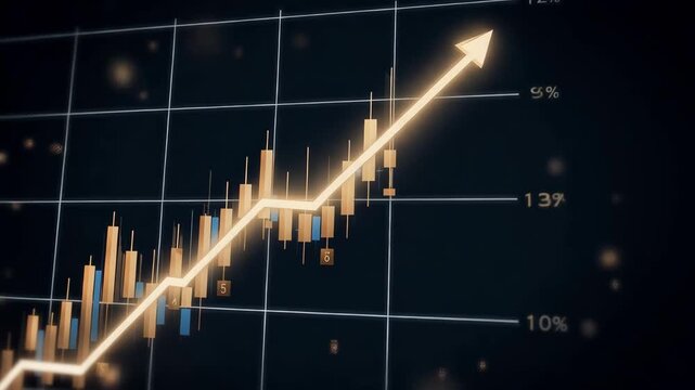 A gold financial candlestick chart rising steadily on a dark grid screen symbolizing stock market growth and economic success